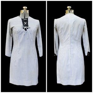 VTG 50's 60's Helen Whiting Grey Striped Cotton Shift Dress Shoelace Neckline SM